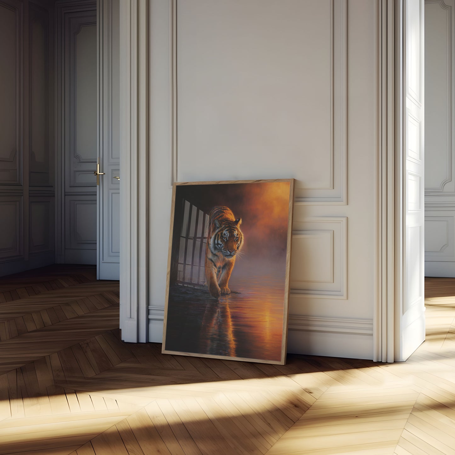 Poster della Tigre che Guada al Tramonto Dorato