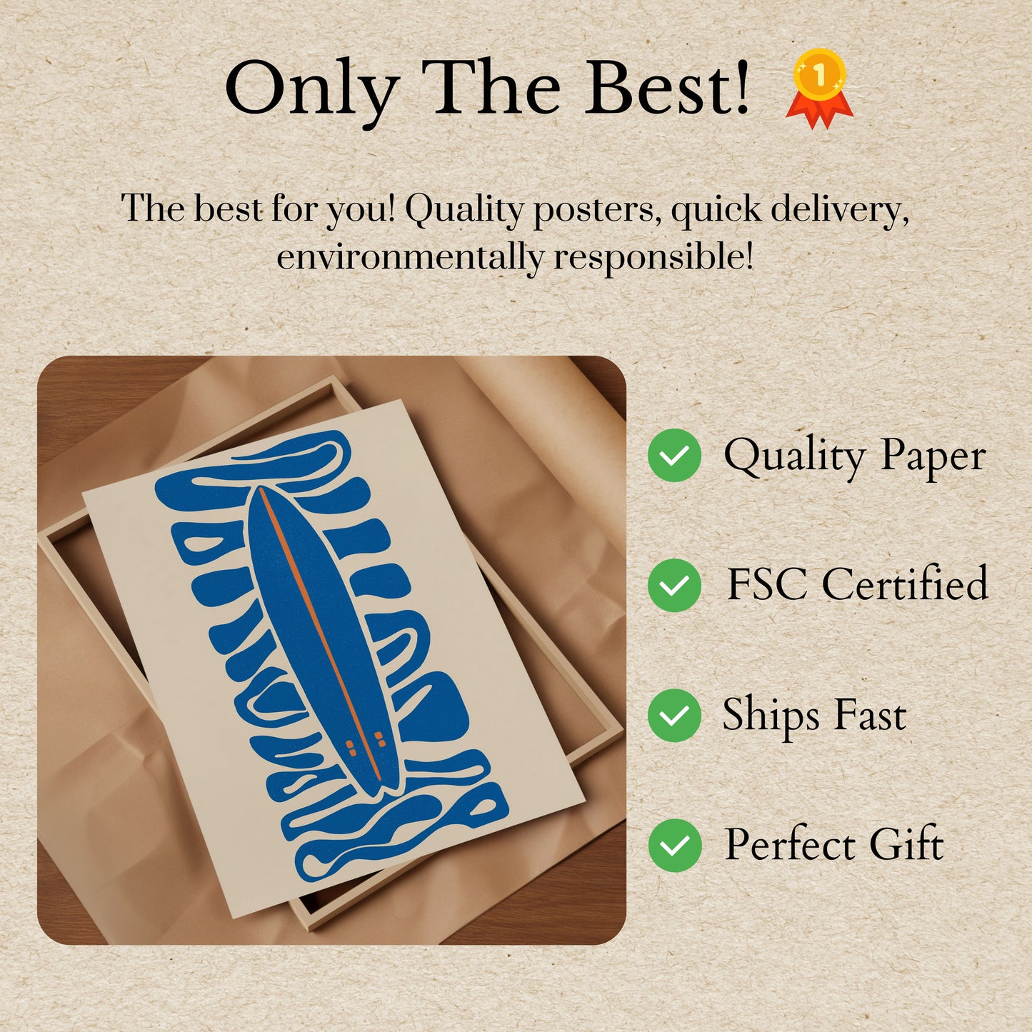 Minimalistisk surfbræt og bølger plakat