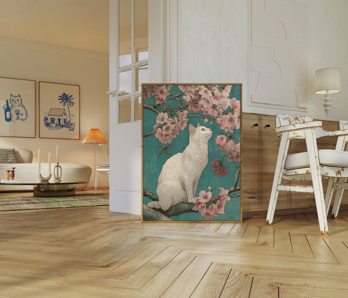 Hvid Kat Blandt Kirsebærblomster Plakat