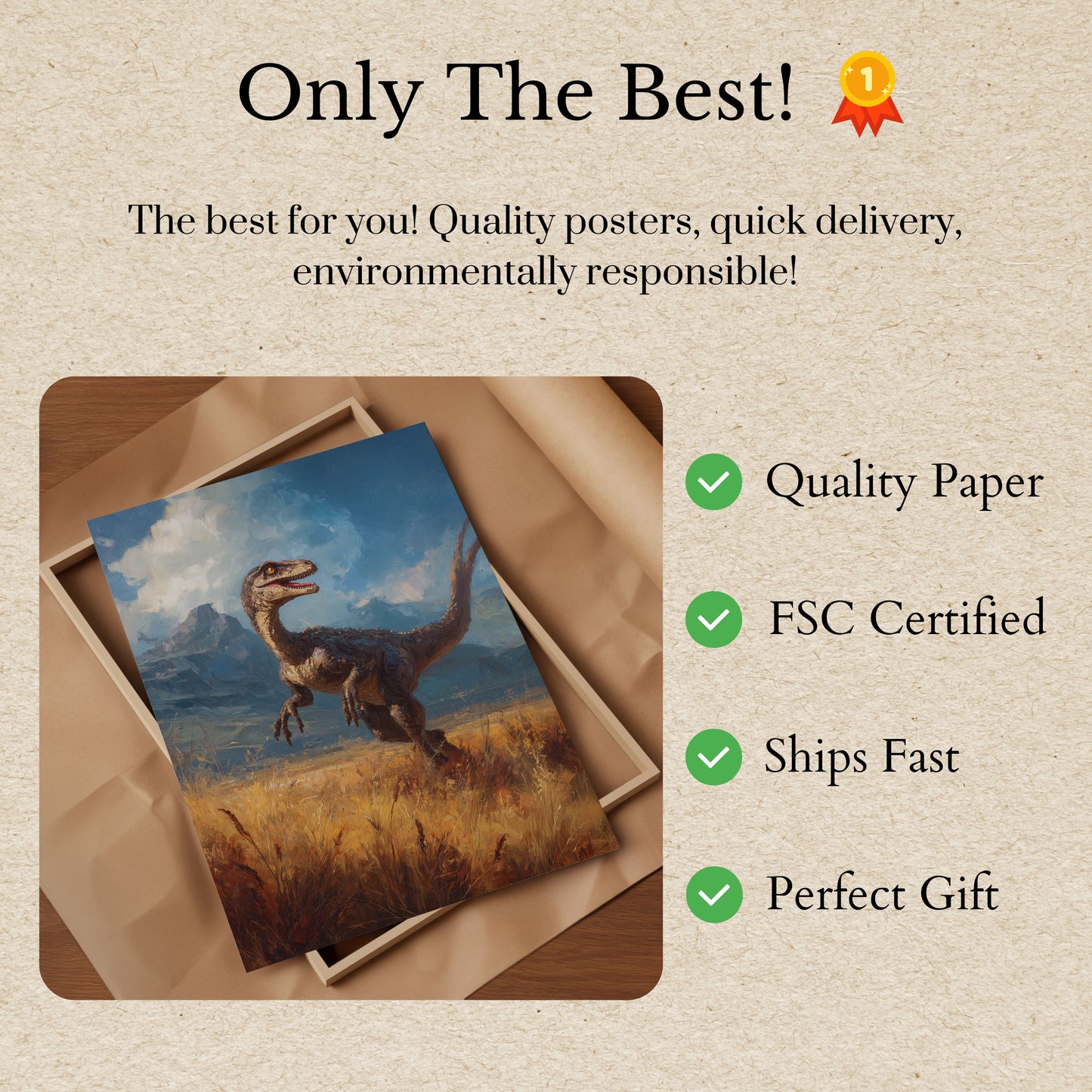 Velociraptor in Golden Grasslands Poster