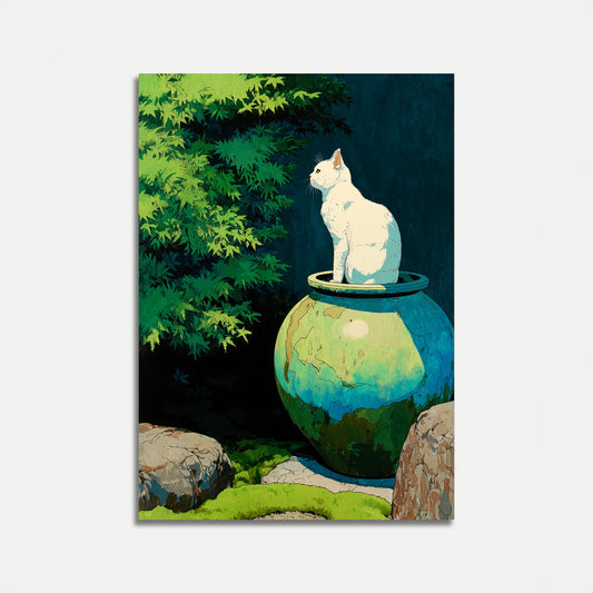 White Cat on Earthen Pot Poster