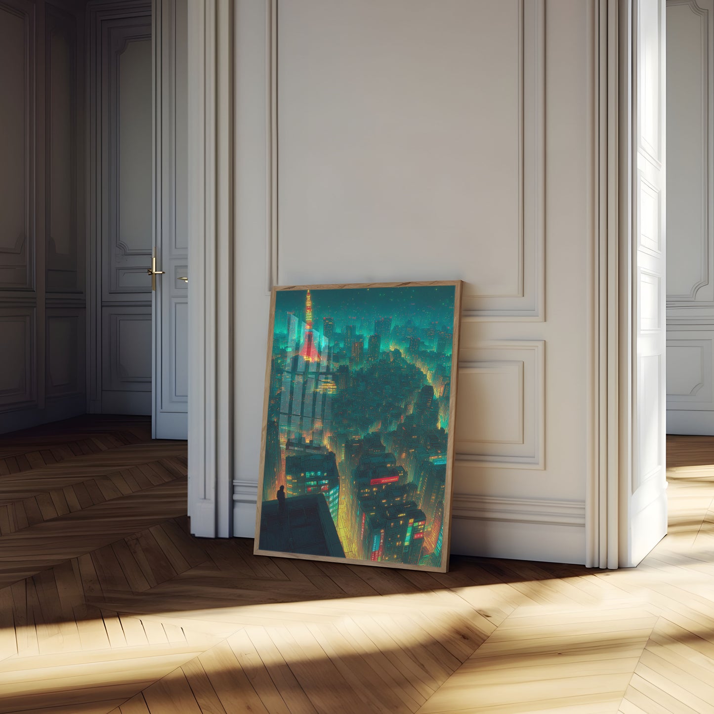 Póster de paisaje urbano nocturno de Tokio con neón