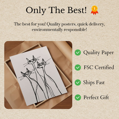 Pôster com Desenho de Três Gatos Elegantes em Linha