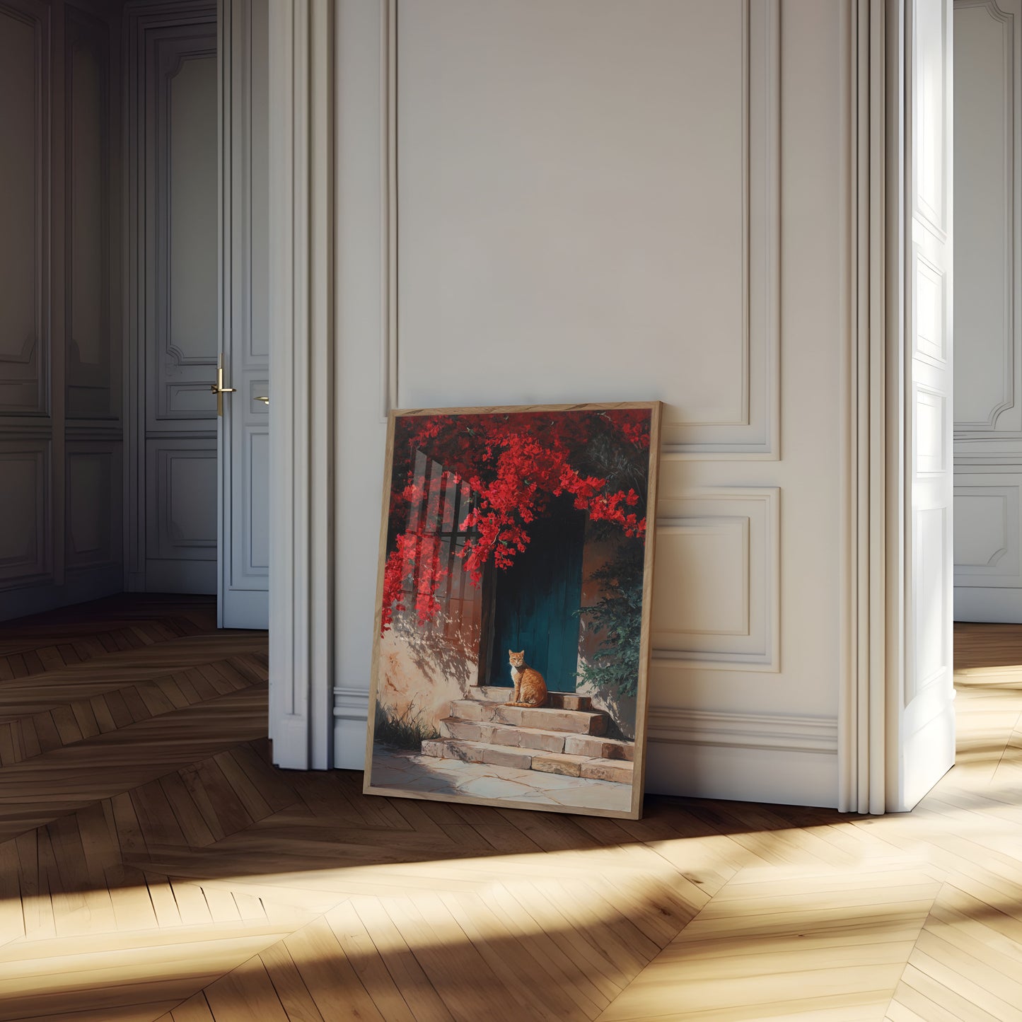 Orange Cat by Red Flowers Poster