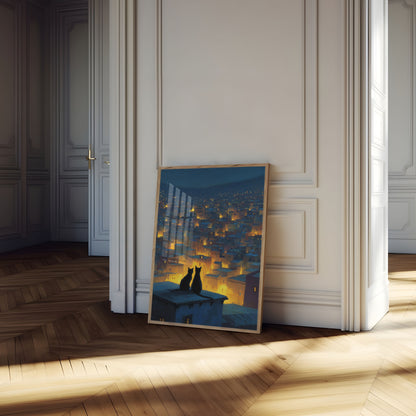 Pôster de Gatos Observando Cidade Brilhante