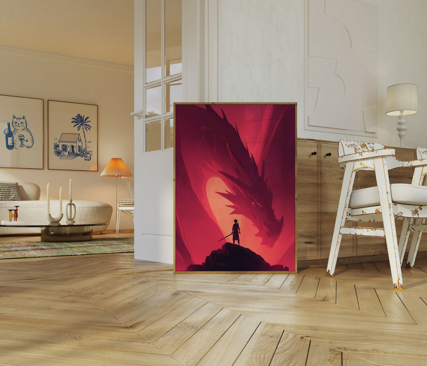 Póster épico de enfrentamiento con dragones