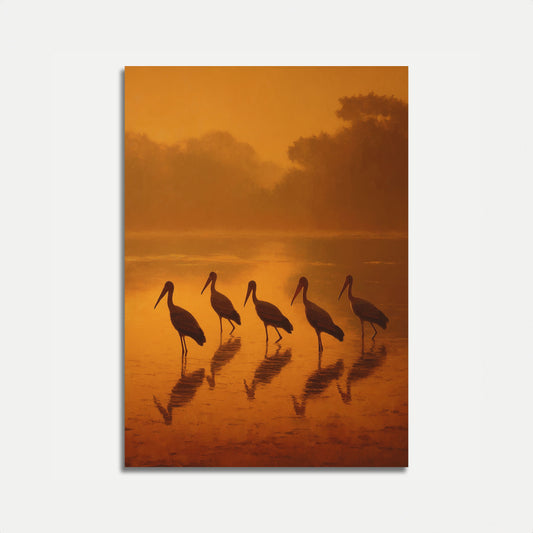 Storks in Golden Sunrise Poster