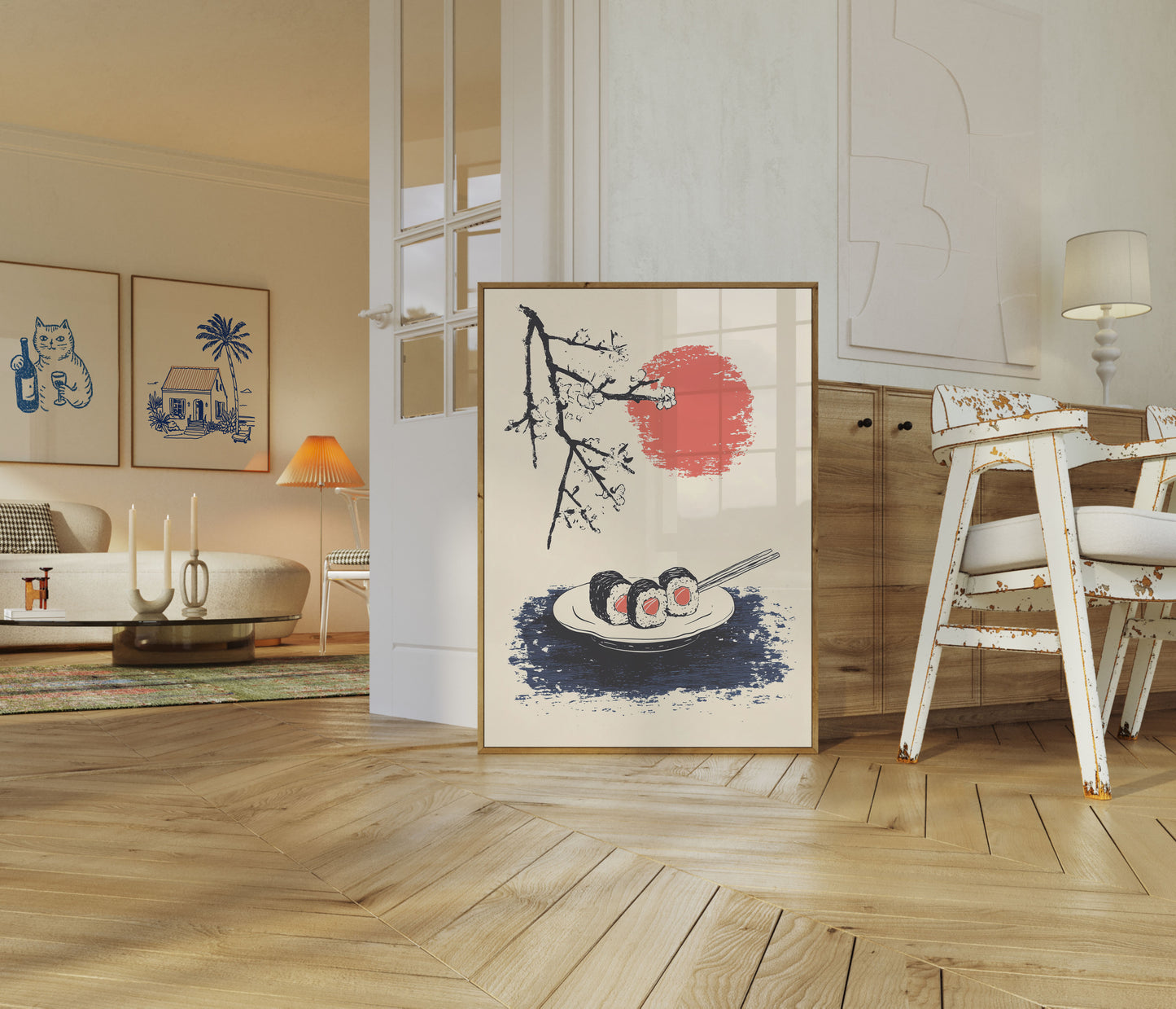 Japonský Sushi a Plakát Třešňových Květů