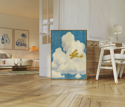 Golden Biplane Through Clouds Poster