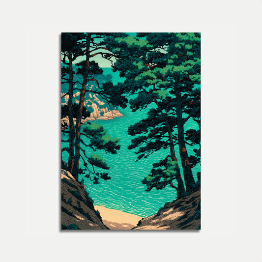 Coastal Cove with Pine Trees Poster