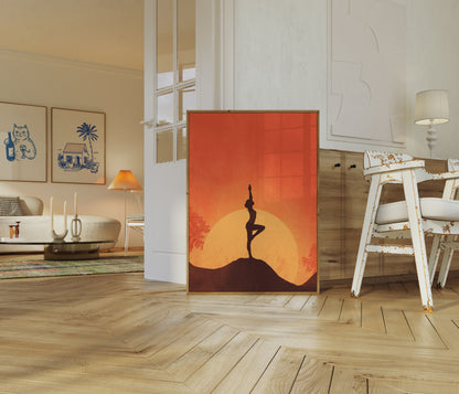 Affiche d'équilibre de yoga au lever du soleil