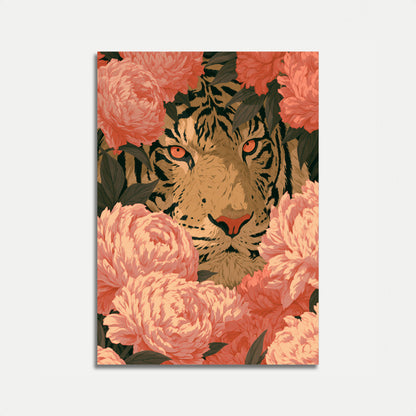 Tiger Among Pink Peonies Poster