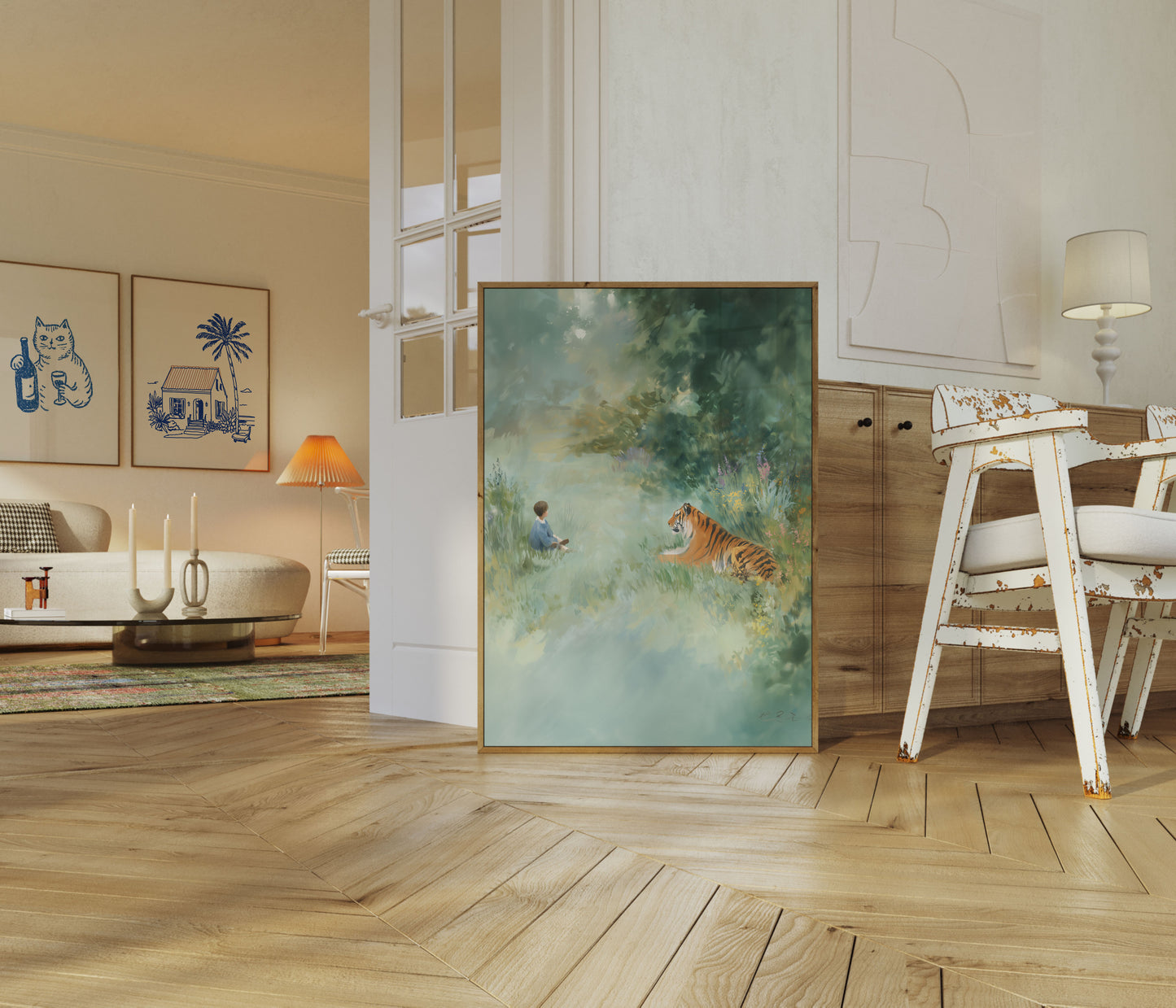 Kind trifft Tiger auf der Wiese Poster