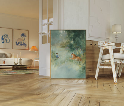 Kind trifft Tiger auf der Wiese Poster