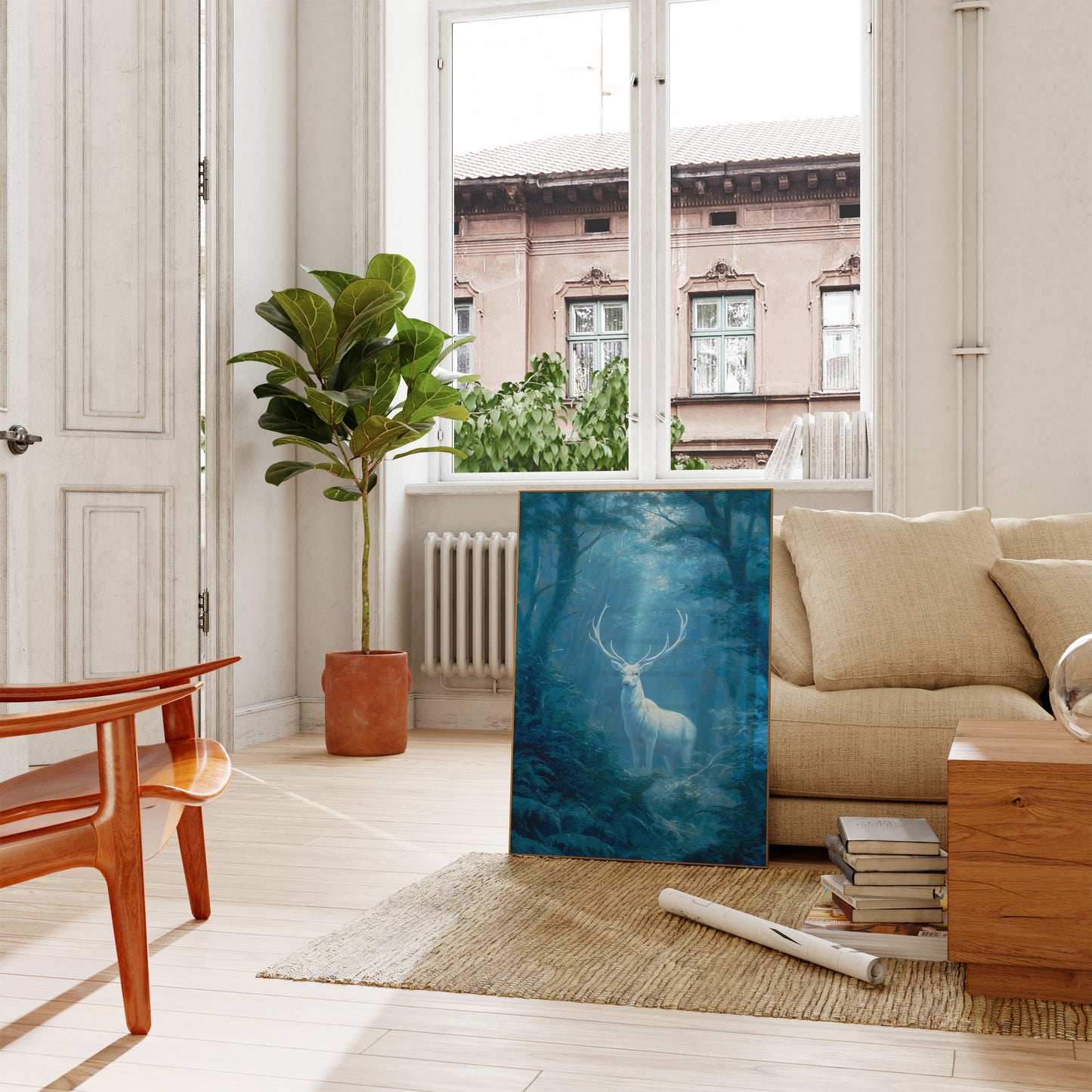 Mystical White Deer Forest Poster