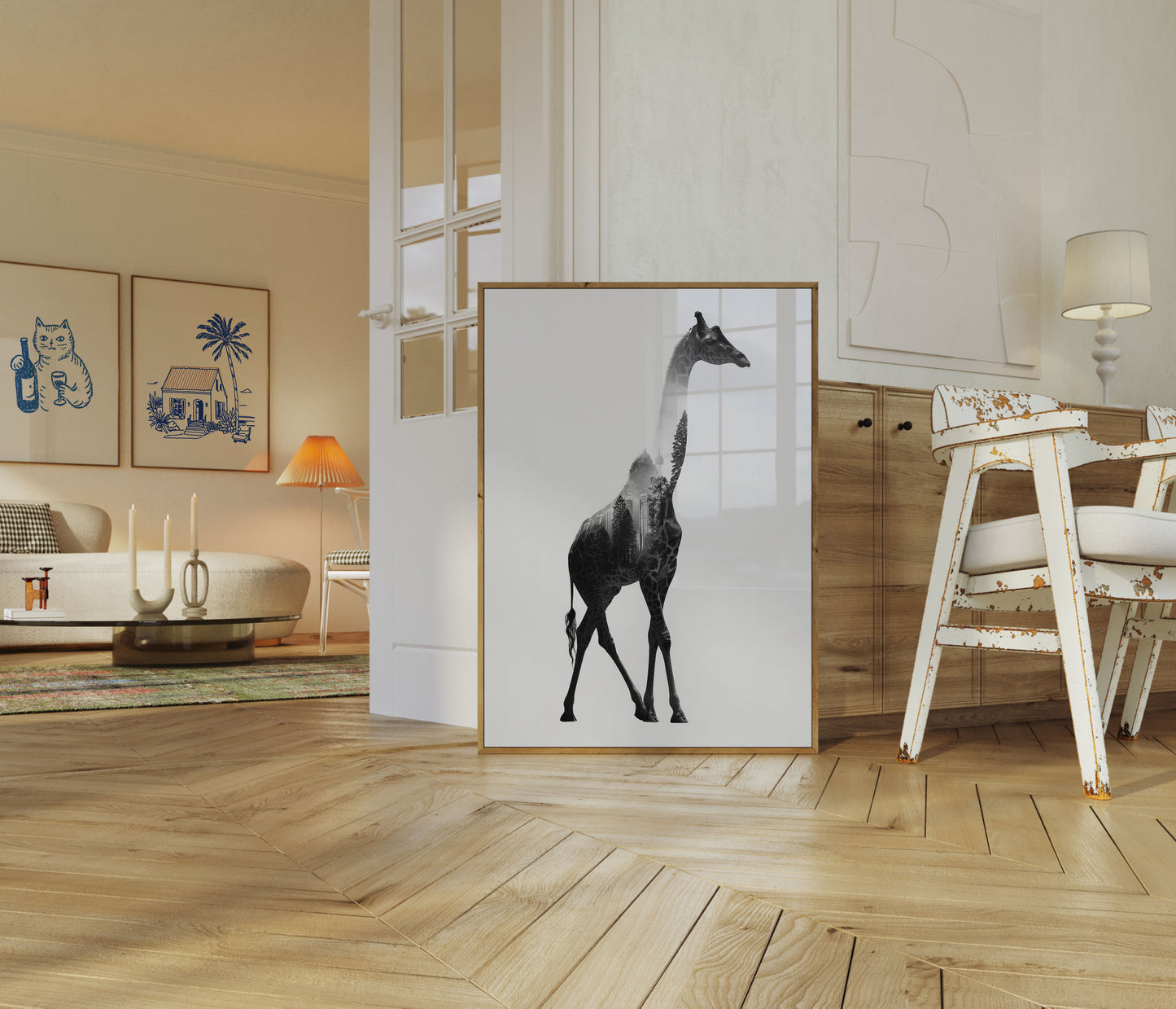 Póster de silueta de jirafa de naturaleza urbana