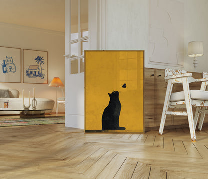 Black Cat Watches Butterfly Poster