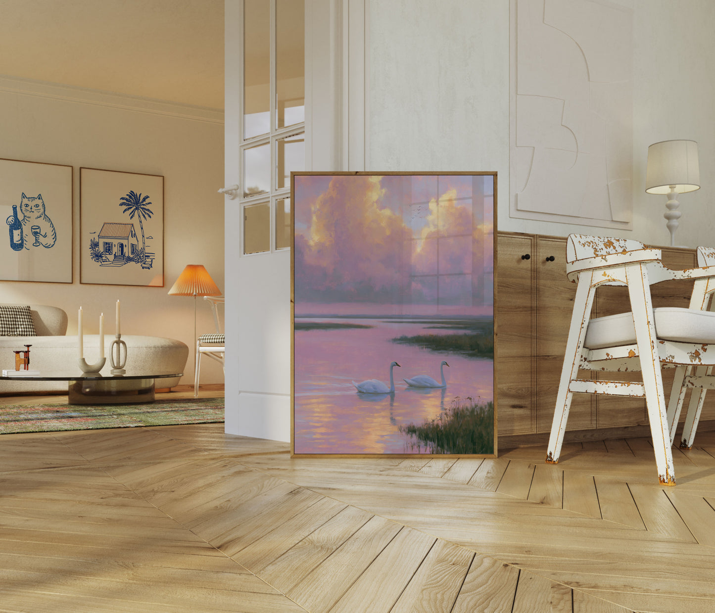 Swans at Sunset Lake Poster