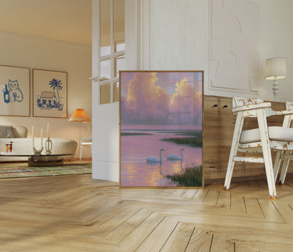 Swans at Sunset Lake Poster