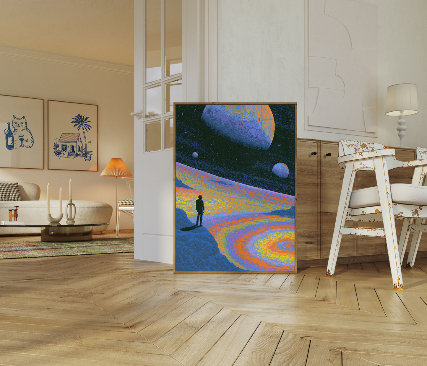 Affiche Astronaute Contemplant des Mondes Étranges