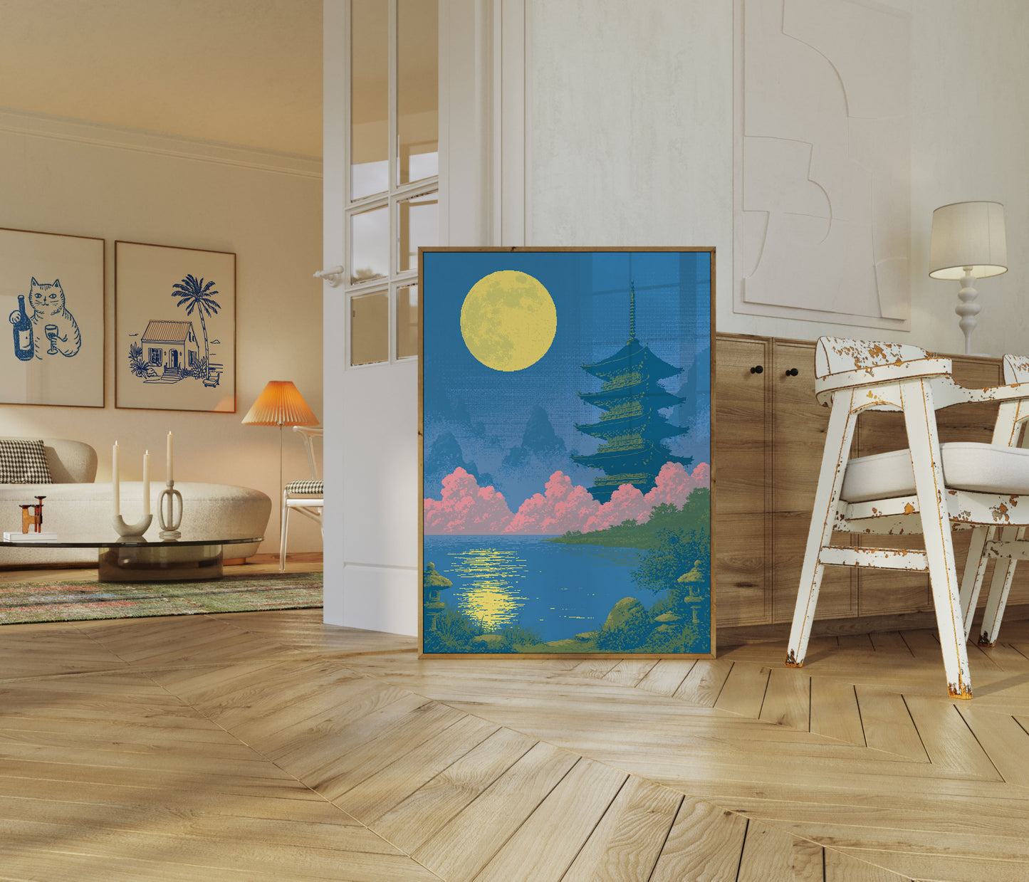 Japanese Pagoda Moonlit Night Poster