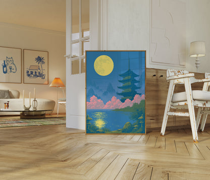 Japanese Pagoda Moonlit Night Poster