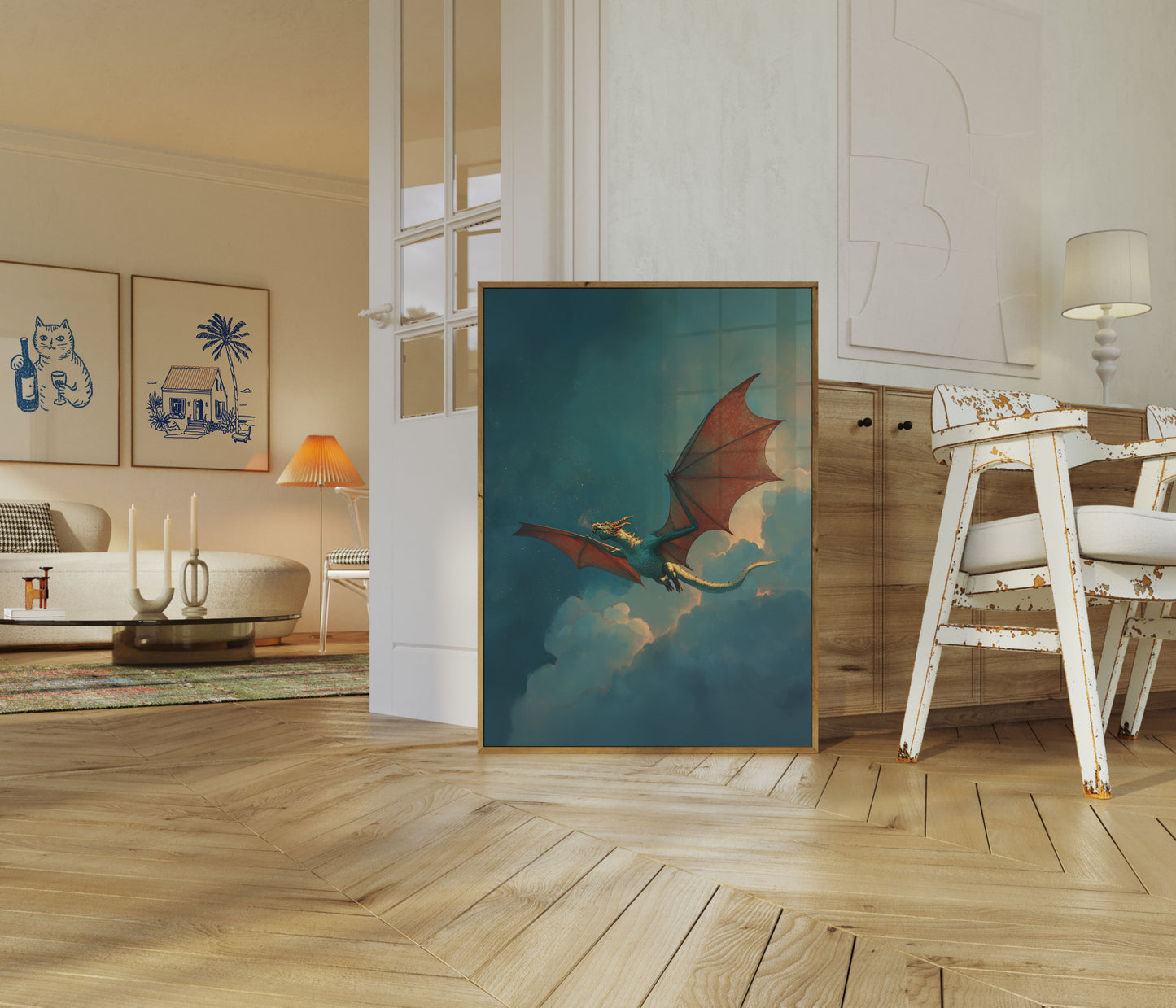 Póster de fantasía de dragón volador