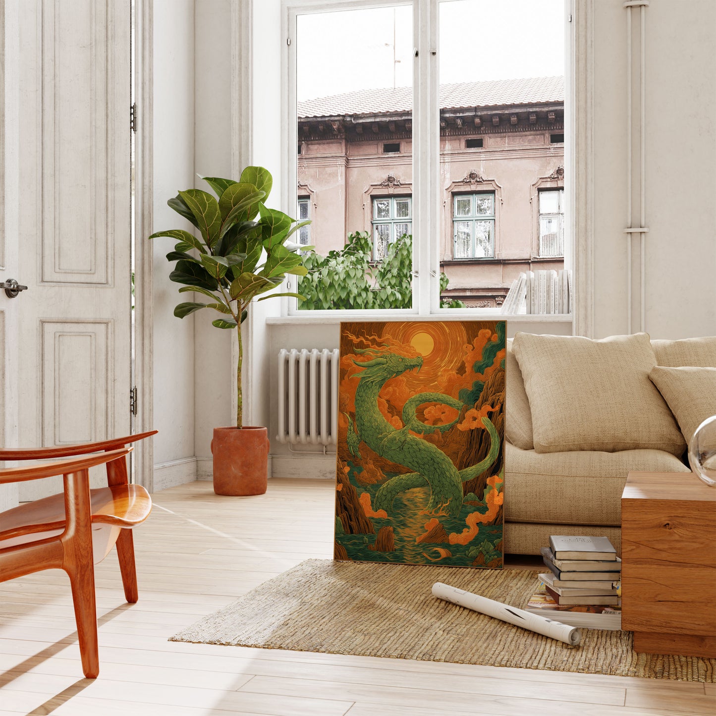 Póster Atardecer místico del dragón esmeralda