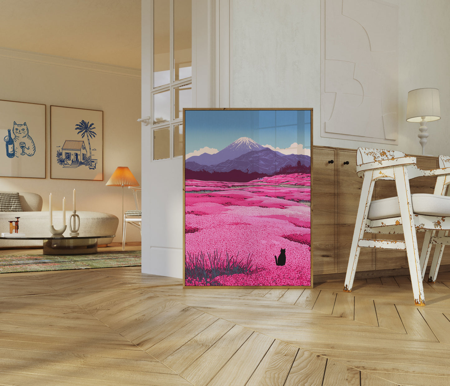Schwarze Katze im rosa Blumenfeld Poster