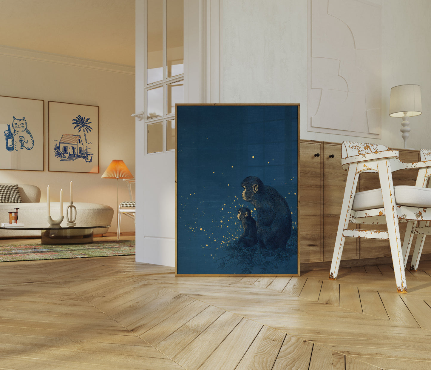 Póster de la Familia de Chimpancés Bajo las Estrellas