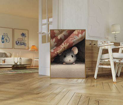 Cozy Mouse Behind Curtain Poster