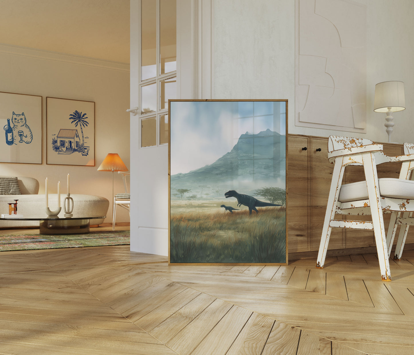 Póster de dinosaurios de praderas prehistóricas