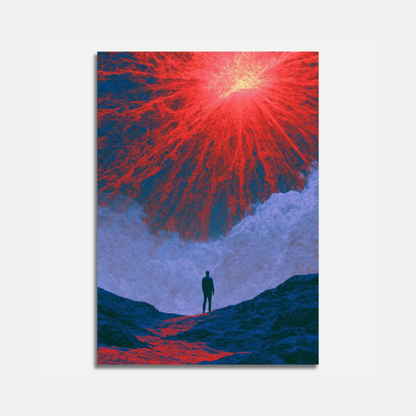 Osservatore solitario prima del poster del vulcano
