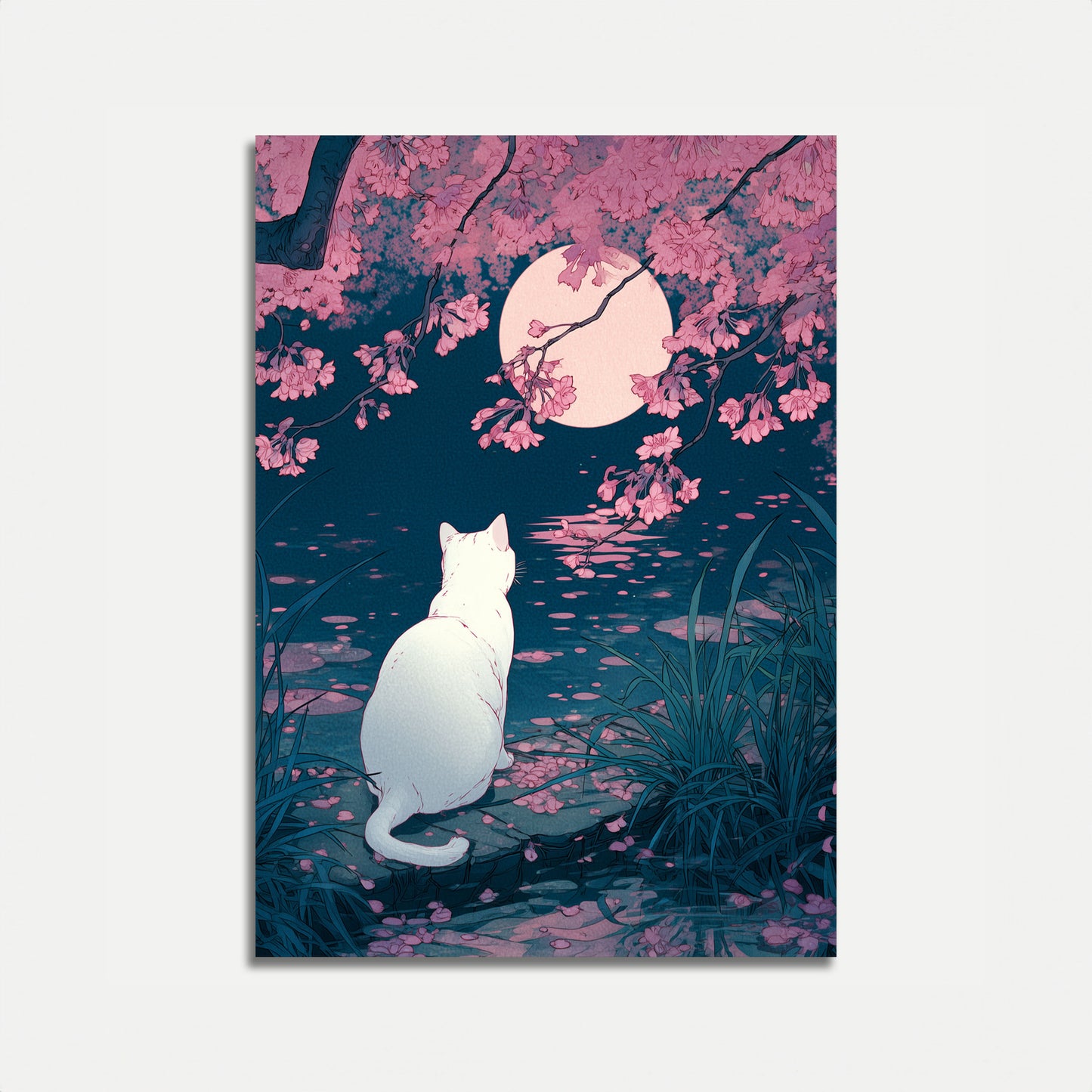 Cat Gazing at Moonlit Blossoms Poster