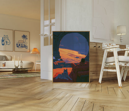 Avontuur poster zonsondergang buitenaardse planeet