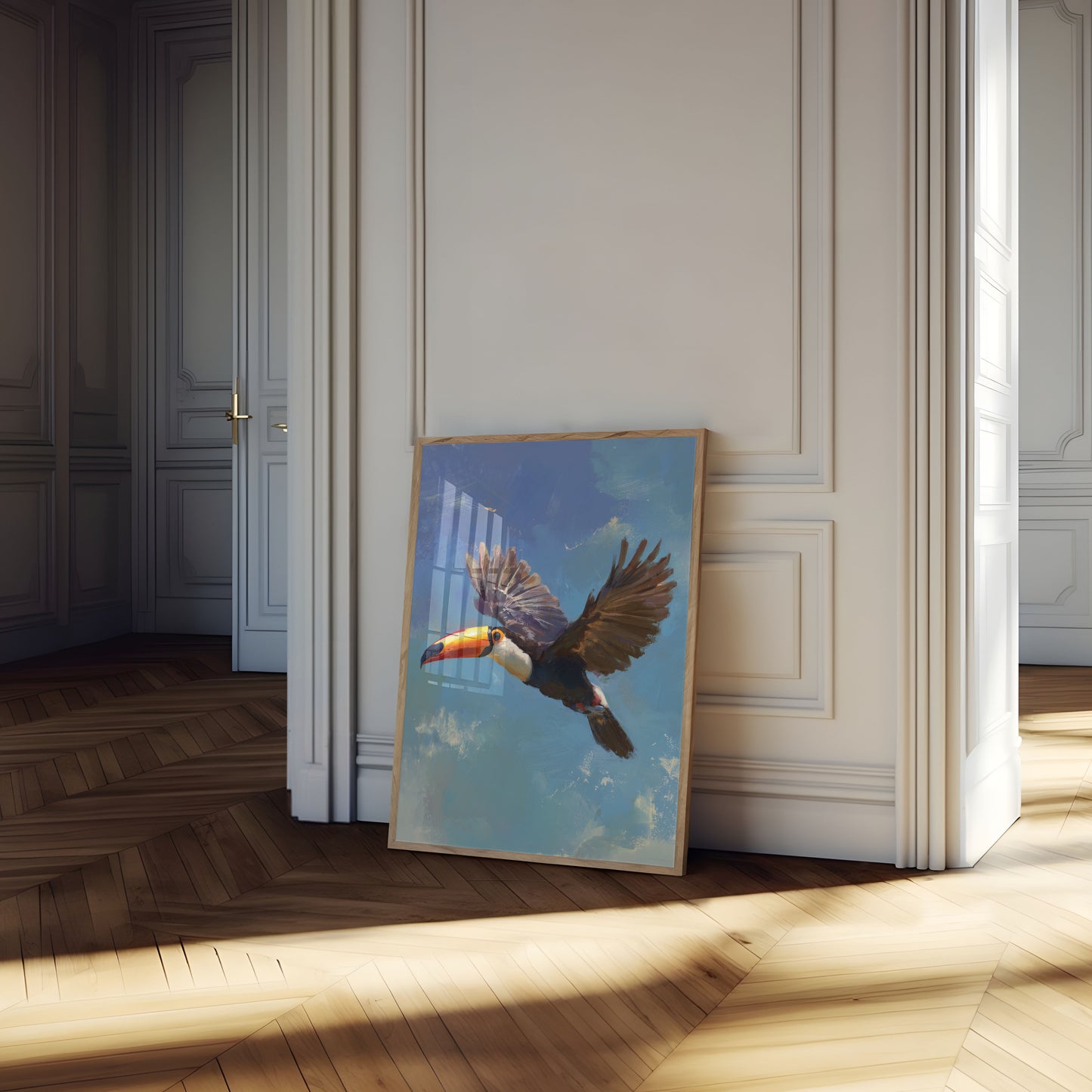Flying Toucan in Blue Sky Poster