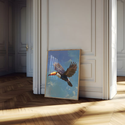 Flying Toucan in Blue Sky Poster