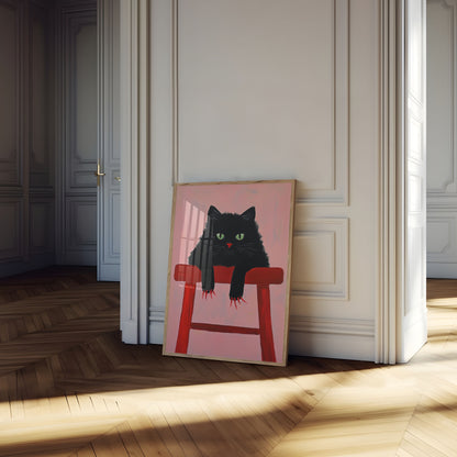 Noir Cat on Red Stool Poster