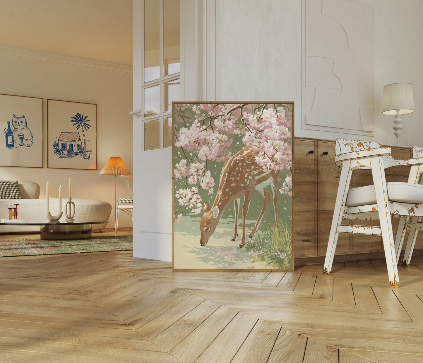 Herten Tussen Kersenbloesems Poster