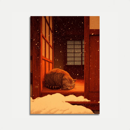 Póster de Gato Acogedor en Puerta Roja