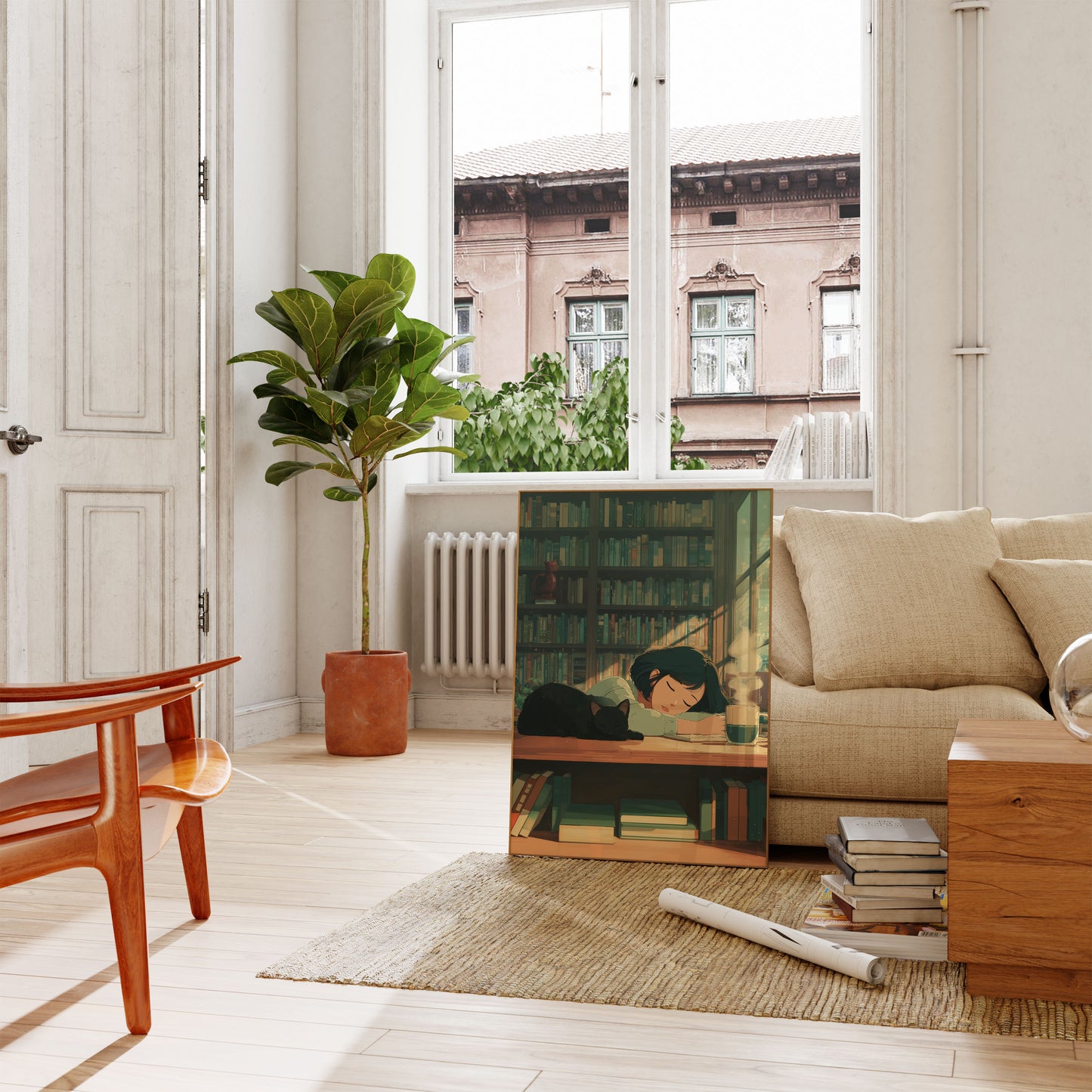 Cozy Library Cat Reading Moment Poster