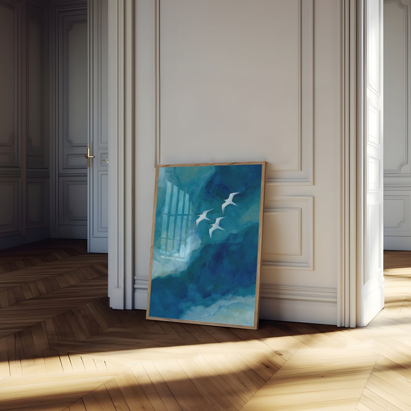 Seabirds Over Ocean Waves Poster