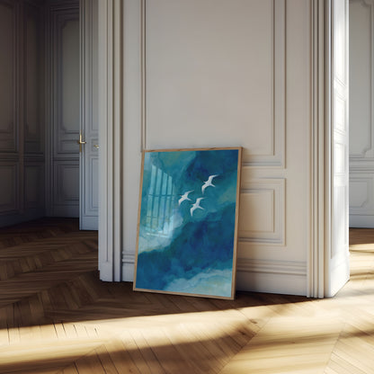 Seabirds Over Ocean Waves Poster