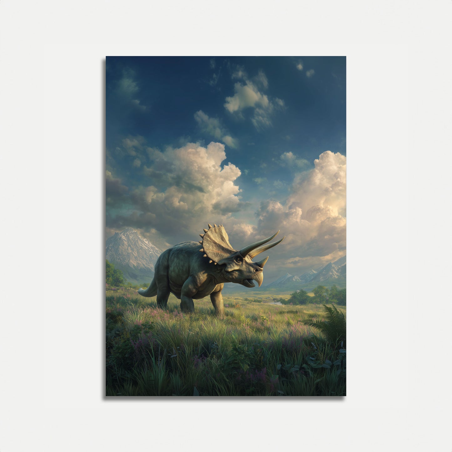 Ancient Triceratops Mountain Landscape Poster