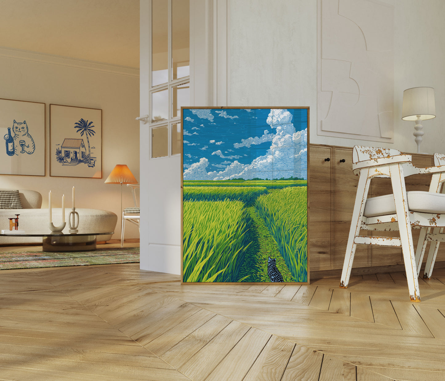 Kat die door een graanveld loopt Poster