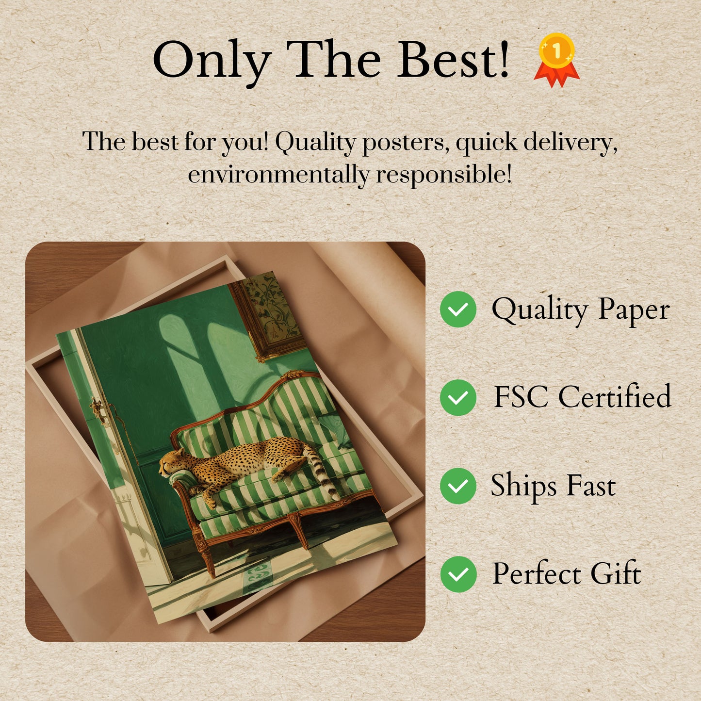 Elegant Cheetah on Striped Sofa Poster