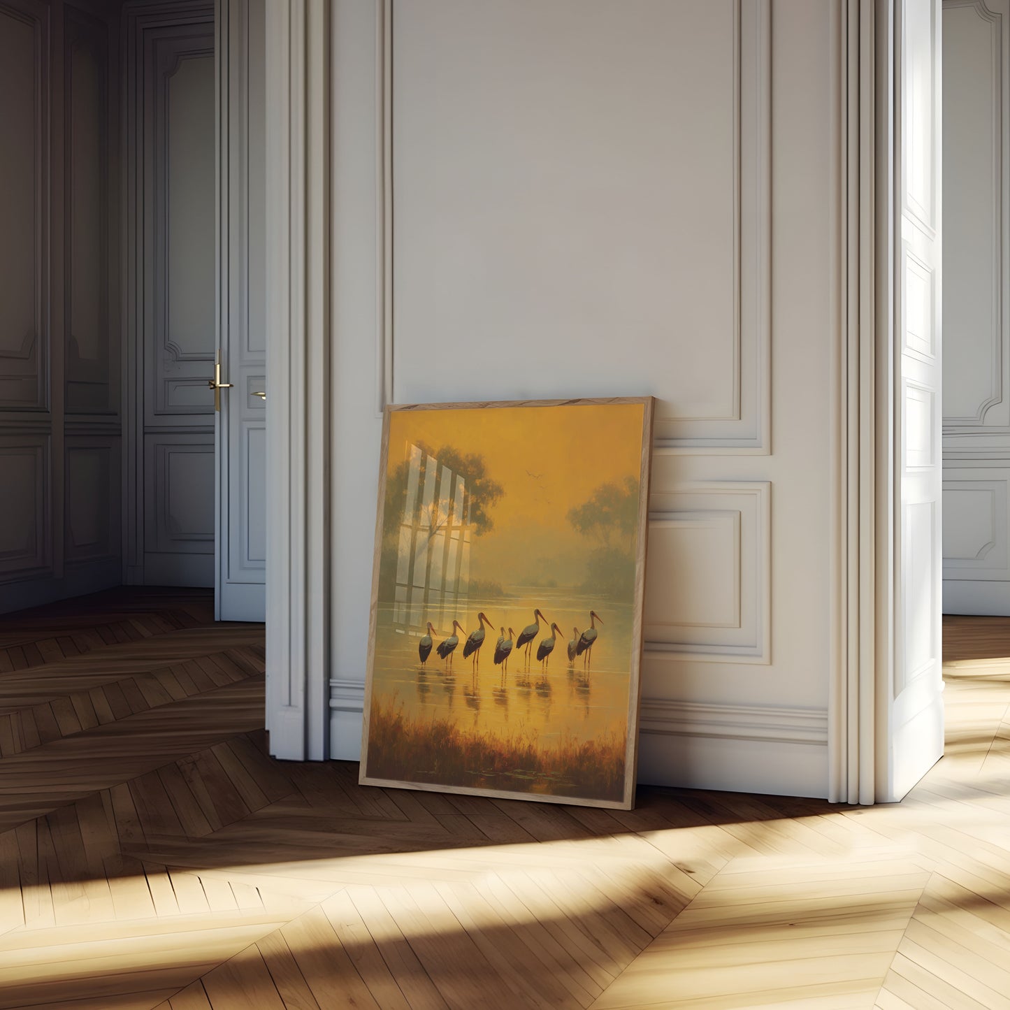 Póster de Cigüeñas al Amanecer Dorado