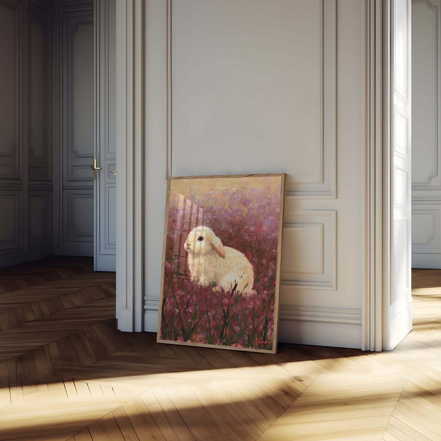 Affiche Lapin blanc dans champ de fleurs sauvages