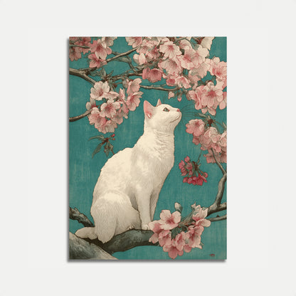 Hvid Kat Blandt Kirsebærblomster Plakat