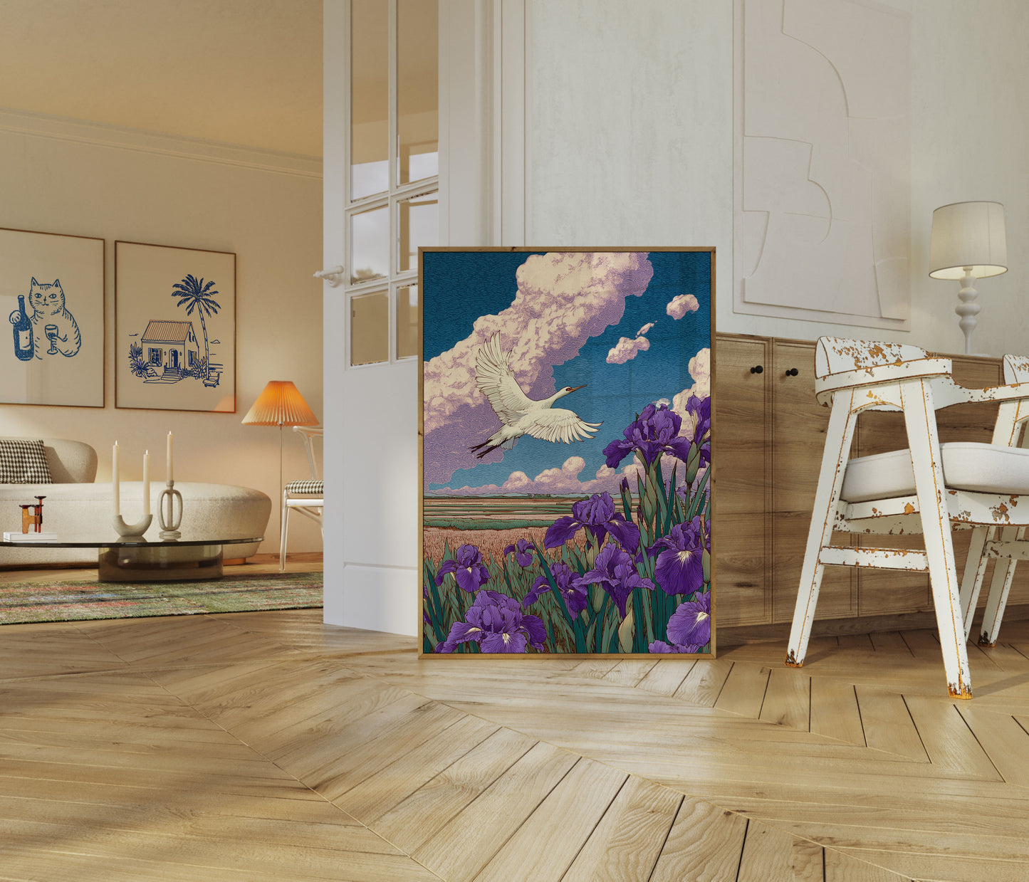 Póster de Grúa sobre Campo de Iris Púrpura